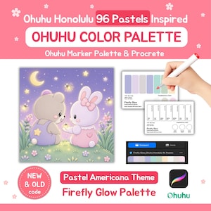 May include: Ohuhu Honolulu 96 Pastels inspired colour palette for Procreate featuring a digital illustration of a bear and rabbit in a meadow with fireflies. Includes colour swatch cards with codes, a digital interface, and the Firefly Glow theme.