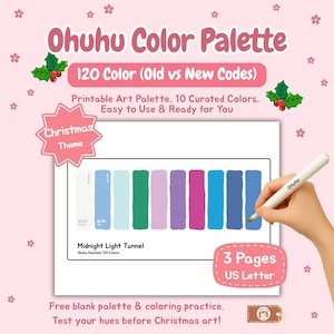 Könnte beinhalten: Eine rosa und weiße Ohuhu-Farbpalette mit dem Text "Weihnachtsthema". Die Palette zeigt 10 kuratierte Farben mit dem Text "Midnight Light Tunnel". Eine Hand hält einen weißen Ohuhu-Stift, bereit zum Ausmalen.