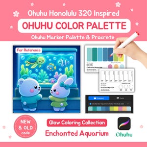 Può includere: Una scheda di riferimento della tavolozza dei colori digitale per i pennarelli Ohuhu Honolulu 320 con un'illustrazione di un orso e un coniglio che guardano un acquario. Include campioni di colore, icone dell'app Procreate e il testo Enchanted Aquarium.