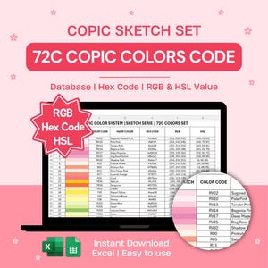 Puede incluir: Una pantalla de portátil muestra una tabla de código de colores Copic 72C con nombres de colores, códigos hexadecimales, valores RGB y HSL. La imagen incluye el texto "Instant Download Excel | Easy to use."
