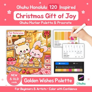 Puede incluir: Un conjunto de paletas de arte digital titulado Ohuhu Honolulu 120 Inspired Christmas Gift of Joy. Incluye una ilustración de dibujos animados de un oso y un conejo horneando, tarjetas de muestras de color Golden Wishes y una interfaz para Procreate.