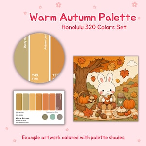 May include: A Warm Autumn Palette set with Honolulu 320 Colors. The image includes a color palette, a color wheel, and an illustration of a bunny having a picnic with pumpkins and autumn leaves. The text reads "Warm Autumn Palette" and "Honolulu 320 Colors Set."
