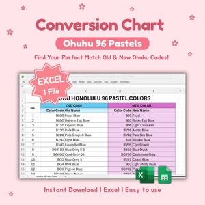 Peut inclure: Un tableau de conversion pour les pastels Ohuhu 96, affichant les anciens et nouveaux codes de couleurs dans un fichier Excel. Le tableau comprend des noms de couleurs tels que Frost Blue, Robin's Egg Blue et Lavender Blue. L'image contient le texte "Instant Download | Excel | Easy to use."