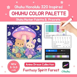 Pode incluir: Um guia de paleta de cores digital para marcadores Ohuhu Honolulu 320 com uma ilustração de um urso e um coelho numa floresta com cogumelos, estrelas e uma lua. Inclui cartões de amostras de cores, interface Procreate e etiquetas de texto.