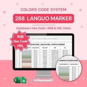 Puede incluir: Una pantalla de ordenador muestra un sistema de códigos de color con el texto "288 LANGUO MARKER". La pantalla muestra muestras de color, códigos hexadecimales, valores RGB y HSL. La imagen incluye el texto "Instant Download Excel | Easy to use."