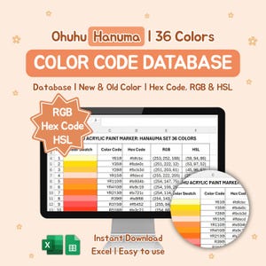 以下が含まれることがあります： Ohuhu Hanumaアクリルマーカー用のデジタルカラーコードデータベース。36色。画像は、カラーコード、16進数コード、RGB、HSLの値とカラーチャートが表示されたスプレッドシートです。「インスタントダウンロード」と「Excel | 使いやすい」というテキストが含まれています。