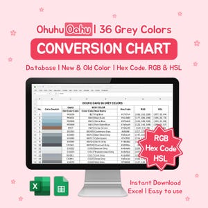 Pode incluir: Um monitor de computador exibe uma tabela de conversão de cores para Ohuhu Oahu 36 Grey Colors, incluindo códigos hexadecimais, valores RGB e HSL. A tabela é para banco de dados, cores novas e antigas, e é fácil de usar.