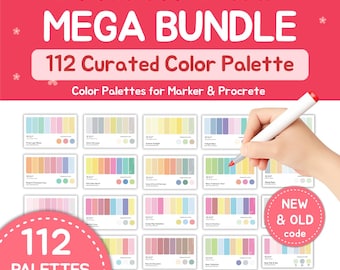 May include: A digital product display featuring the Ohuhu Honolulu 320 Colors Mega Bundle with 112 curated color palettes for markers and Procreate. The graphic includes text, multiple color swatch cards, and a white marker pen illustration.