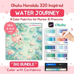 May include: A digital color palette bundle titled Ohuhu Honolulu 320 Inspired Water Journey, featuring eight color sets for markers and Procreate. Includes an illustration of a pink rabbit in water with shells and starfish, plus color swatches.