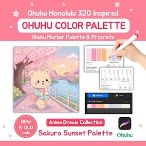 Op de afbeelding: Een digitale kleurenpaletgids genaamd Ohuhu Color Palette met de Sakura Sunset collectie. Het toont een illustratie van een beer, kleurstaalkaarten met codes, een marker en een digitale interface voor de software Procreate.