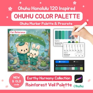 Puede incluir: Una hoja de referencia de paleta de colores digital para marcadores Ohuhu Honolulu 120, con una ilustración de dibujos animados de un oso y un conejo bajo una hoja en la lluvia. Incluye tarjetas de muestras y el texto Rainforest Veil.