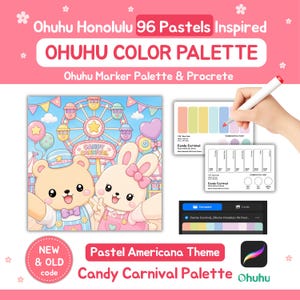 May include: Ohuhu Honolulu 96 Pastels Inspired Ohuhu Color Palette Candy Carnival marker set featuring a cartoon bear and rabbit at a carnival, colour swatch cards with codes, a digital Procreate interface, and a white marker pen.