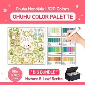 May include: A color palette set with 320 colors, featuring a cartoon bunny illustration and color swatches. The set includes a black carrying case filled with markers, and the text "Ohuhu Color Palette" and "Nature & Leaf Series".