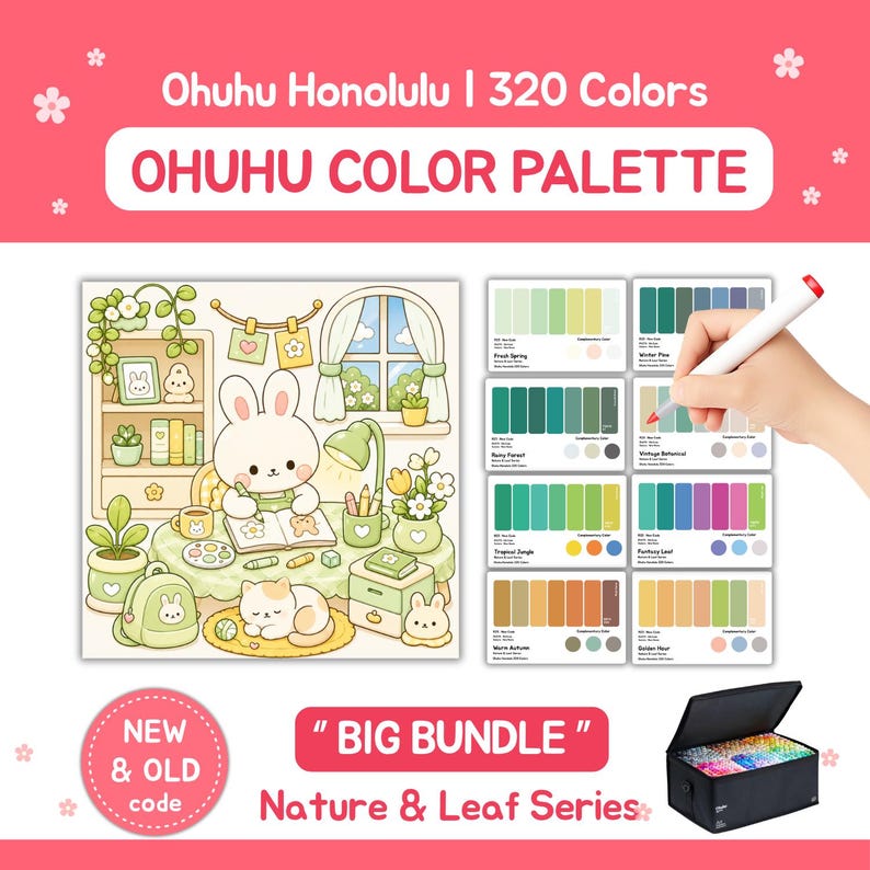 May include: A color palette set with 320 colors, featuring a cartoon bunny illustration and color swatches. The set includes a black carrying case filled with markers, and the text "Ohuhu Color Palette" and "Nature & Leaf Series".