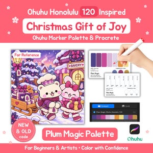 Puede incluir: Un set de arte digital titulado Ohuhu Honolulu 120 Inspired Christmas Gift of Joy que incluye una ilustración de dibujos animados de un oso y un conejo en un pueblo nevado, tarjetas de paleta Plum Magic y una interfaz de software Procreate.