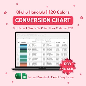 Pode incluir: Um laptop exibe uma tabela de conversão de cores para Ohuhu Honolulu 120 cores, incluindo códigos hexadecimais e valores RGB. A tabela é rotulada como "Tabela de Conversão" e inclui o texto "Download instantâneo | Excel | Fácil de usar."