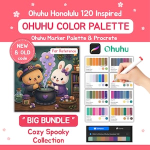May include: A digital color palette reference sheet for Ohuhu Honolulu markers featuring a cartoon illustration of a bear and rabbit with a cauldron, alongside eight color swatches labeled with names like Pumpkin Pie and Enchanted Night.