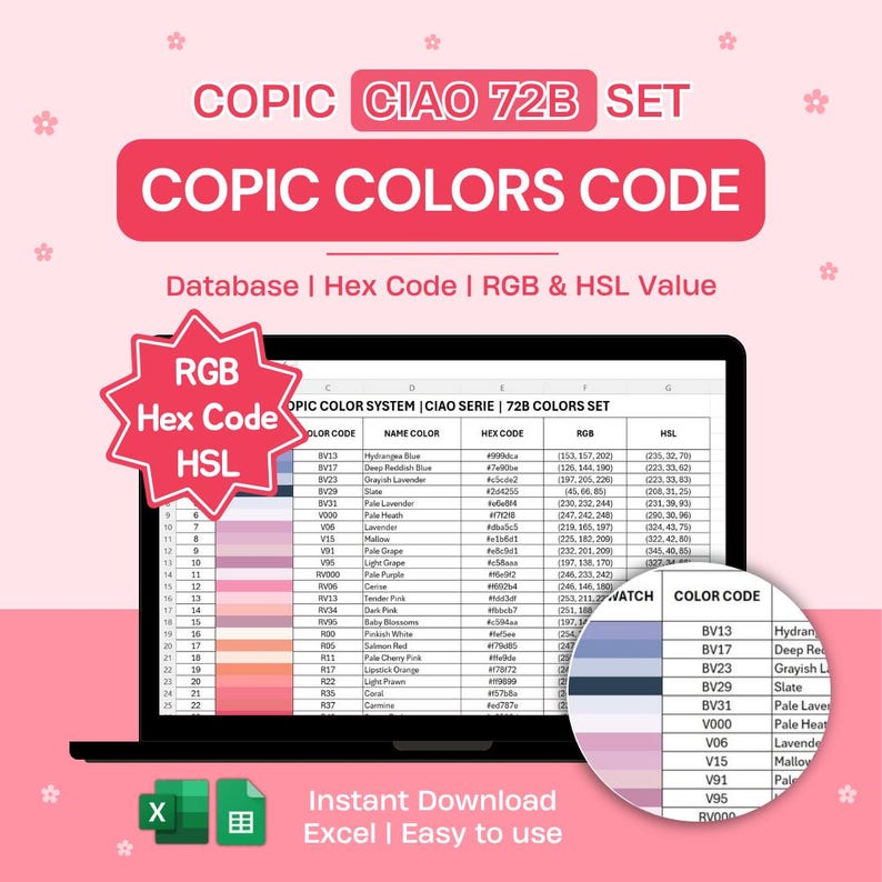 W1 Copic Code Copic Color Code Chart 72B Colors | Ciao Set | Excel Database HEX RGB ...