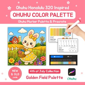 May include: A digital color palette guide titled Ohuhu Honolulu 320 Inspired OHUHU COLOR PALETTE featuring a cartoon rabbit in a yellow dress holding a flower basket in a field. Includes color swatch cards, a digital interface, and text labels.