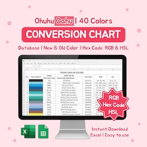 Pode incluir: Um monitor de computador exibe uma tabela de conversão de cores para Ohuhu Oahu 40 Cores. A tabela inclui amostras de cores, códigos de cores antigos e novos, códigos hexadecimais, RGB e HSL. O texto "Conversion Chart" está em uma faixa rosa.