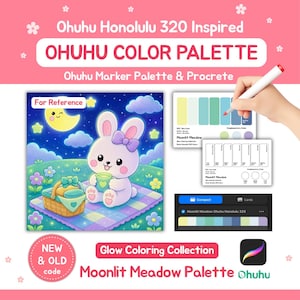 Pode incluir: Um guia de paleta de cores digital para marcadores Ohuhu Honolulu 320 com o tema Moonlit Meadow. A imagem exibe uma ilustração de coelho, cartões de amostra de cores com códigos e uma interface do aplicativo Procreate para referência.
