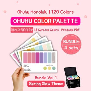 May include: A colour palette bundle with the text "Ohuhu Color Palette" and "Spring Glow Theme." The image shows colour swatches in pink, purple, and green hues, along with a case of colourful markers. The bundle includes 4 sets.