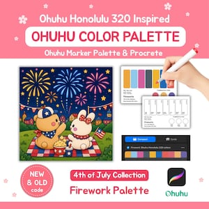 May include: A digital color palette guide for Ohuhu Honolulu 320 markers featuring a 4th of July illustration of a bear and rabbit watching fireworks. Includes color swatch cards, a Procreate app interface, and text reading Ohuhu Color Palette.