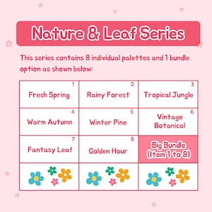 May include: A pink graphic with the text "Nature & Leaf Series" and a grid of eight palette names: Fresh Spring, Rainy Forest, Tropical Jungle, Warm Autumn, Winter Pine, Vintage Botanical, Fantasy Leaf, and Golden Hour. A "Big Bundle" option is also shown.