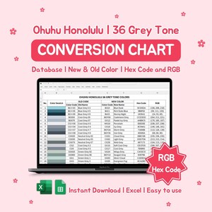 Può includere: Lo schermo di un laptop mostra una tabella di conversione dei colori per i colori Ohuhu Honolulu 36 Grey Tone. La tabella include vecchi e nuovi codici colore, nomi, codici esadecimali e valori RGB. L'immagine include anche il testo "Instant Download | Excel | Easy to use".
