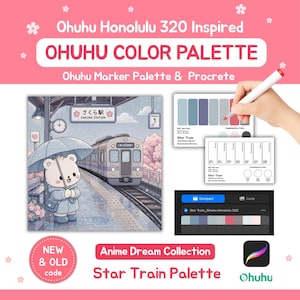 Pode incluir: Conjunto de paleta de cores inspirado em Ohuhu Honolulu 320 com uma ilustração digital de um urso com guarda-chuva numa estação de comboios, dois cartões de amostras de cores brancos com códigos e uma interface digital Star Train.