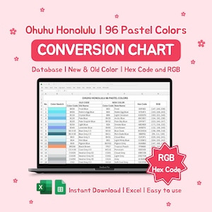May include: A laptop displays a color conversion chart for Ohuhu Honolulu 96 Pastel Colors. The chart includes old and new color codes, names, hex codes, and RGB values. The image also features the text "Instant Download | Excel | Easy to use."