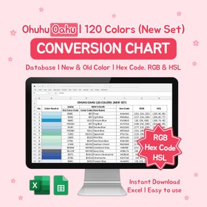May include: A computer monitor displays a color conversion chart for Ohuhu Oahu 120 Colors. The chart includes color swatches, old and new color codes, hex codes, RGB, and HSL values. The image also includes Excel icons and the text "Instant Download Excel | Easy to use."