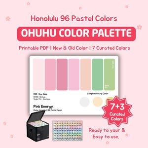 May include: A pastel colour palette with the text "OHUHU COLOR PALETTE" and "Honolulu 96 Pastel Colors". The image includes a colour chart, a carrying case, and a set of markers. The text "Pink Energy" is also visible.