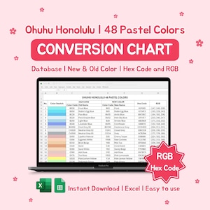 Puede incluir: Una pantalla de portátil muestra una tabla de conversión de color para 48 marcadores pastel Ohuhu Honolulu, mostrando códigos de color antiguos y nuevos, códigos hexadecimales y valores RGB. La tabla está etiquetada como "Tabla de conversión" e incluye el texto "Descarga instantánea | Excel | Fácil de usar."