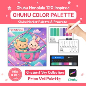 May include: A digital color palette reference sheet for Ohuhu Honolulu 120 markers, featuring a cartoon bear and rabbit in a pink gondola, color swatch cards, a hand holding a marker, and the text Ohuhu Color Palette and Prism Veil Palette.