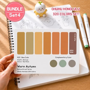 May include: A set of Ohuhu Honolulu 320 Colors markers with a Warm Autumn color palette. The image shows a color chart with various shades of yellow, orange, and brown, along with a small figurine and a notebook. The text "BUNDLE Set 4" is visible.