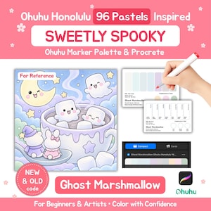 May include: A digital art reference sheet titled Ohuhu Honolulu 96 Pastels Inspired Sweetly Spooky featuring a cartoon illustration of ghosts and marshmallows in a mug, color swatch cards, and a digital palette interface for Procreate software.