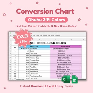 Könnte beinhalten: Ein rosa Grafik mit dem Text "Conversion Chart Ohuhu 344 Colors" und einer Tabelle mit Farbcode-Konvertierungen. Das Bild enthält den Text "Excel 1 File" und "Instant Download | Excel | Easy to use."