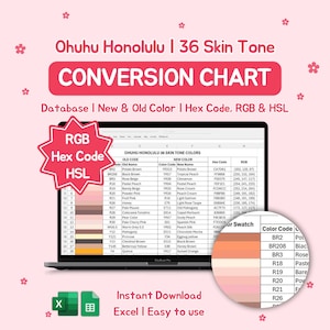 Könnte beinhalten: Ein Laptop-Bildschirm zeigt eine Farbumrechnungstabelle für Hauttöne mit Farbcodes, Hex-Codes und RGB-Werten. Die Tabelle ist für Ohuhu Honolulu 36 Hauttöne, mit dem Text "Conversion Chart". Das Bild enthält eine Farbmusterkarte und die Worte "Instant Download Excel | Easy to use."