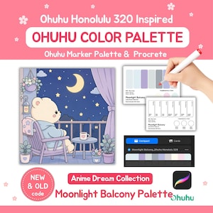 Pode incluir: Um conjunto de paletas de cores digitais para marcadores Ohuhu Honolulu 320 e Procreate, com o tema Moonlight Balcony. Inclui um gráfico de um urso numa varanda, cartões de amostras de cor com códigos e uma interface digital.