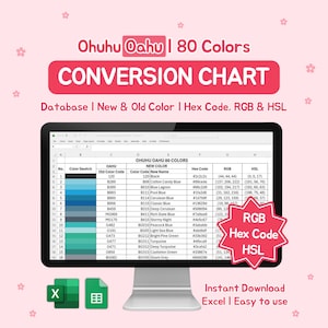 Pode incluir: Um monitor de computador exibe uma tabela de conversão de cores para marcadores Ohuhu Oahu, com amostras de cores, códigos hexadecimais, valores RGB e HSL. A tabela é rotulada como "Tabela de Conversão" e inclui o texto "Download Instantâneo Excel | Fácil de usar."