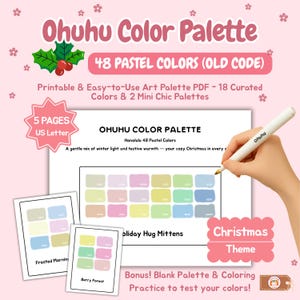 Może przedstawiać: Pastelowa paleta kolorów zatytułowana "Ohuhu Color Palette" z 48 kolorami, motywem świątecznym i tekstem "Printable & Easy-to-Use Art Palette PDF". Zawiera próbki kolorów oraz tekst "Frosted Morning" i "Berry Forest".