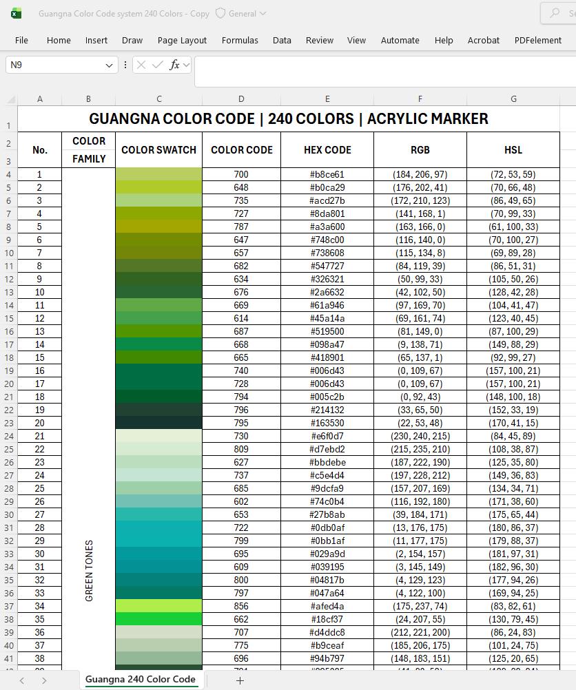Guangna Acrylic Marker Color Code Chart | 240 Colors | Excel File | HEX ...