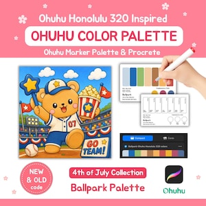 May include: A digital color palette guide for Ohuhu Honolulu 320 markers featuring a cartoon bear in a baseball uniform holding a star wand and popcorn. Includes color swatch cards, a Procreate interface, and text reading Ohuhu Color Palette.