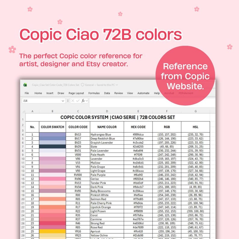 W1 Copic Code Copic Color Code Chart 72B Colors | Ciao Set | Excel Database HEX RGB ...