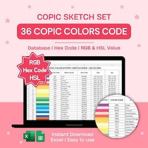 May include: A laptop screen shows a colour chart with 36 Copic colours, including hex codes, RGB, and HSL values. The image includes the text "COPIC SKETCH SET" and "36 COPIC COLOURS CODE". A colour swatch is also visible.
