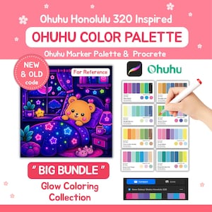 May include: A digital color palette collection for Ohuhu Honolulu markers and Procreate, featuring a bedroom illustration with a bear in bed, multiple color swatch cards, and a hand using a stylus to select colors from the organized palette charts.