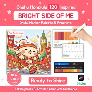 Puede incluir: Set Ohuhu Honolulu 120 Inspired Bright Side of Me Ohuhu Marker Palette y Procreate. Incluye una colorida ilustración de un oso corriendo una carrera, tarjetas de muestras de color y una interfaz digital para selección de colores.