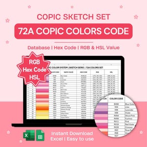 Tabla de códigos de color Copic 72A Colores / Conjunto de bocetos / Base de datos de Excel Valor HEX RGB HSL