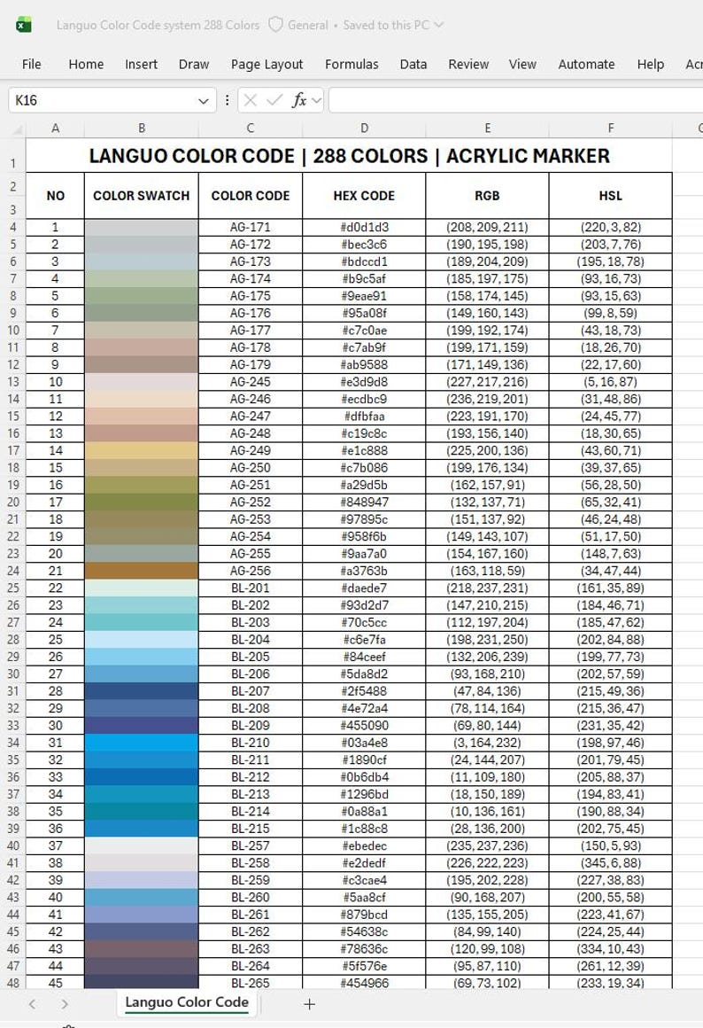 Legal File Color Coding System Languo Acrylic Marker Color Code Chart | 288 Colors | Excel File | HEX ...